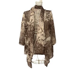 Beautiful Chicos Womens Brown Cream Lightweight sheer Jacket cardigan size 2 (la